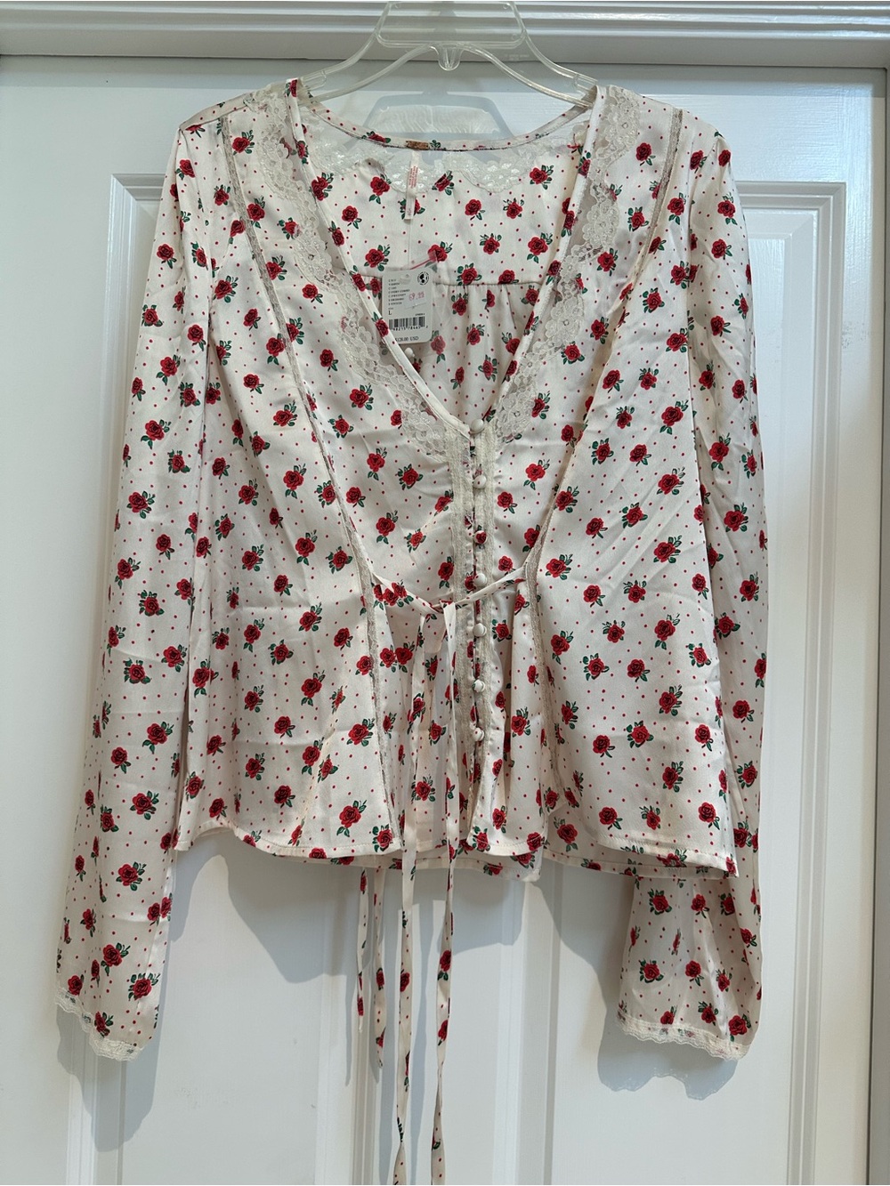 Women’s Free People Floral Tie-Front Blouse - White with Red Rose Print